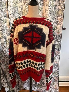 100% wool vintage Boston traders red & Cream Fair Isle Knit Sweater